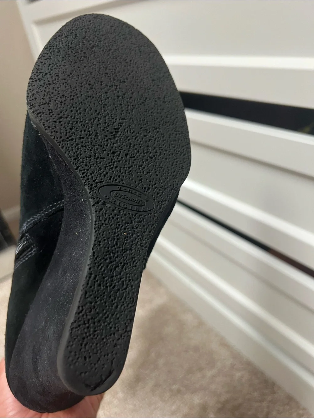 Genuine Stylish black suede knee boots with a comfortable wedge heel.